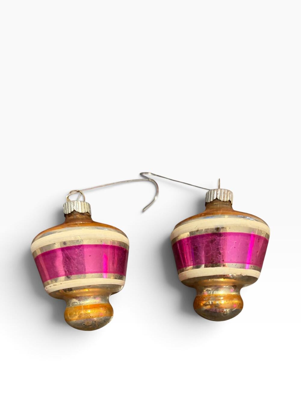 Vtg Pair Shiny Brite Mercury Glass UFO Tornado Ornaments Pink Gold MCM 3"